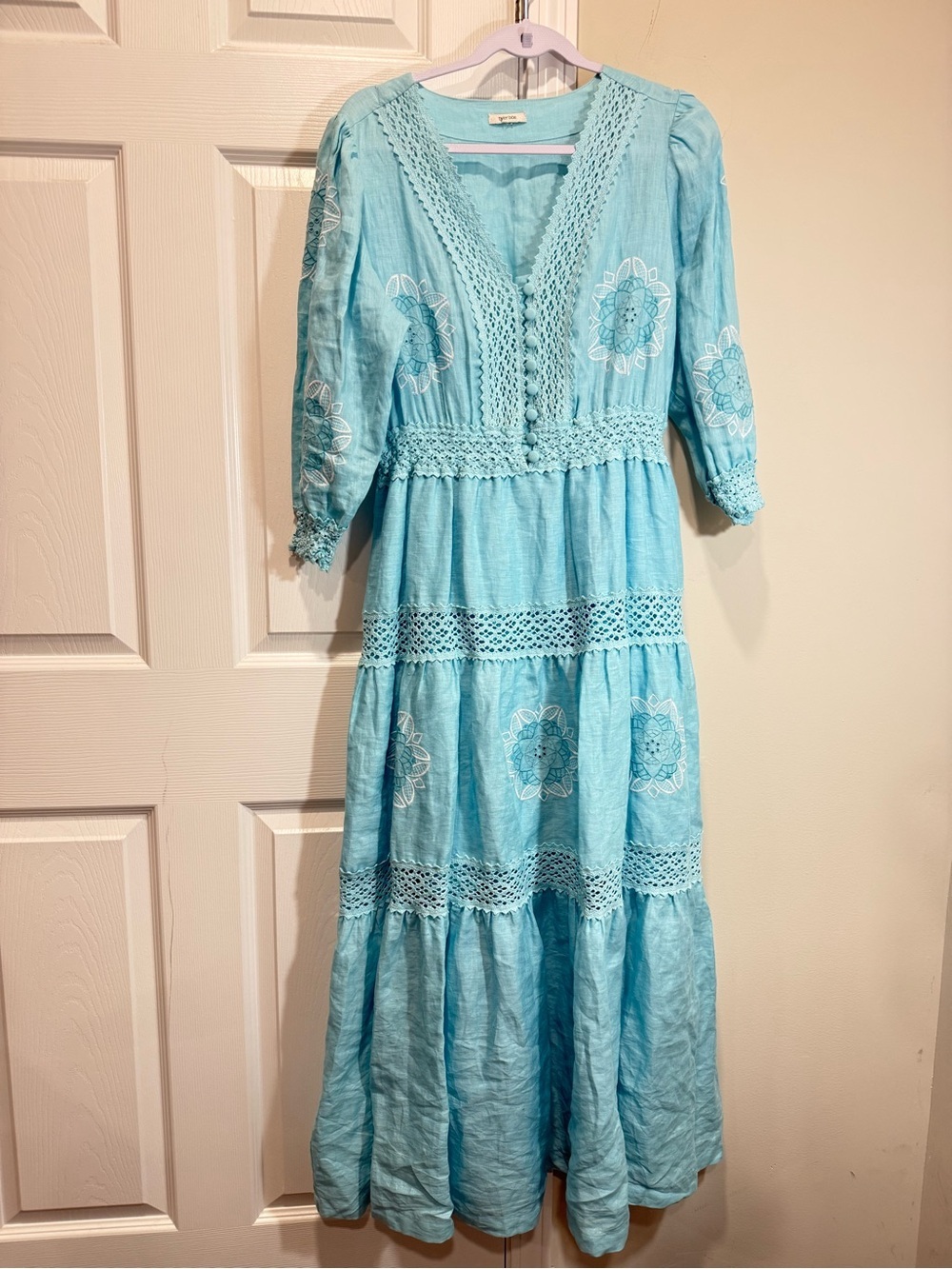 Tyler Boe 100% Linen Embroidered Maxi Dress Aqua Blue Crochet Lace Boho